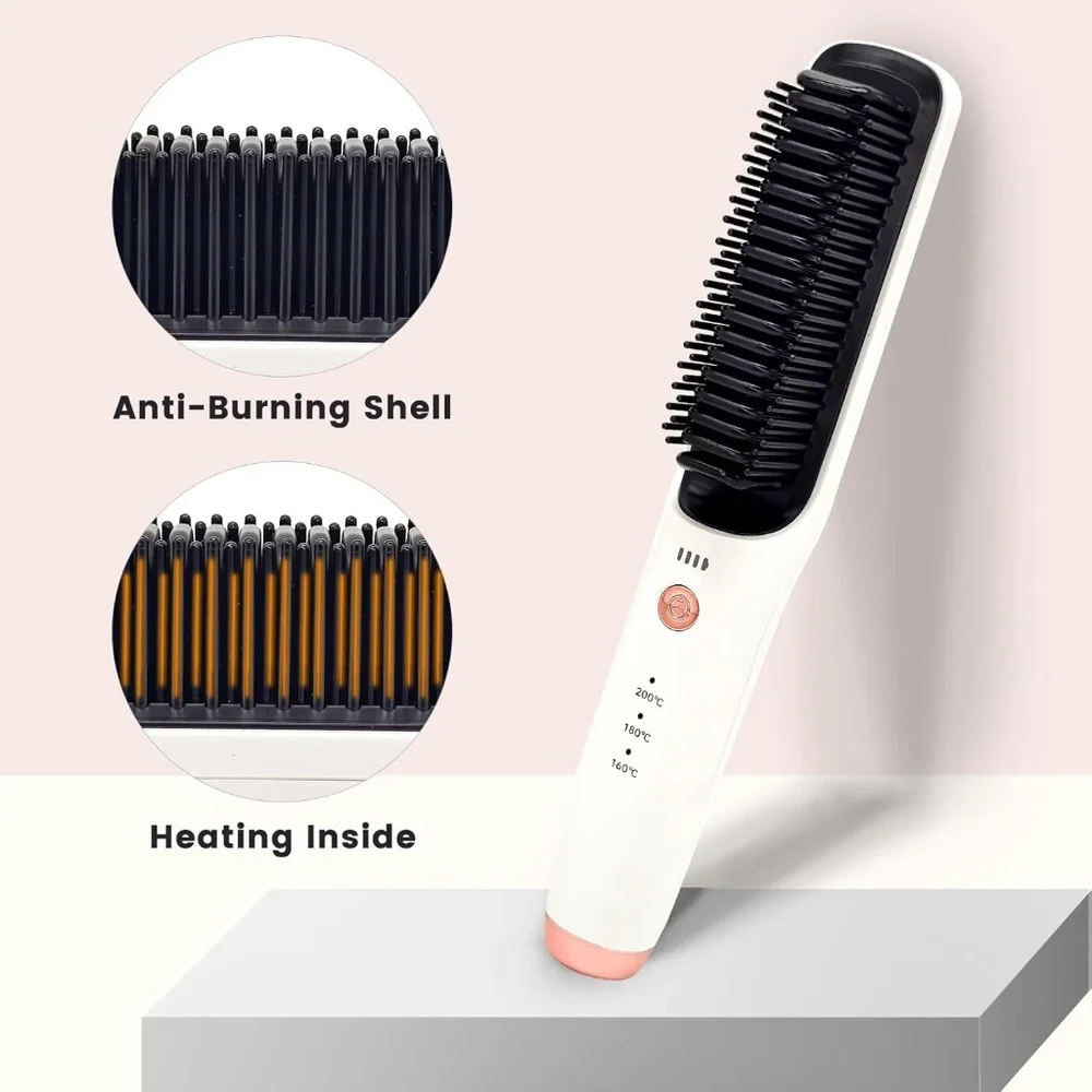White With Rose Gold Cordless Rechargeable Straightening Brush
